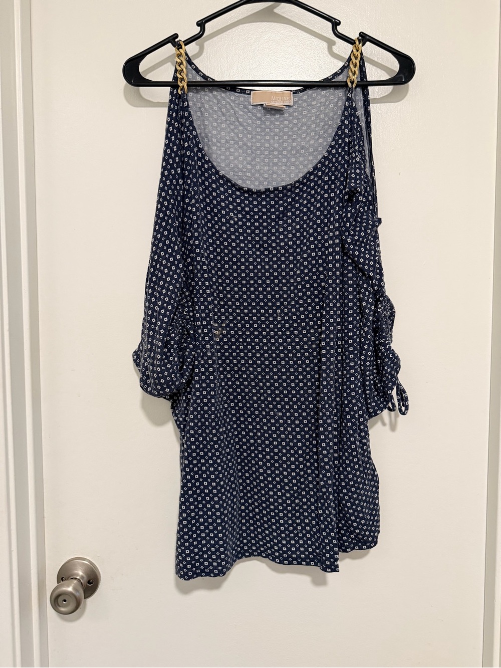 Michael Kors Navy Blue Printed Cold-Shoulder Blouse with Gold Chain Straps